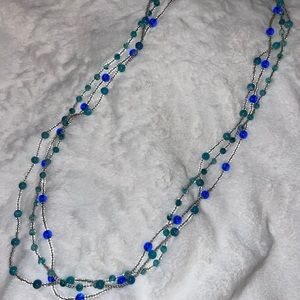 Blue, green, silver beaded necklace. 3 layers connected